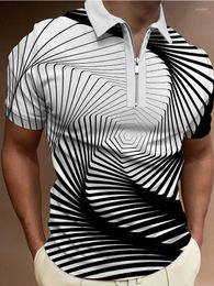 Polos Masculinos Verão Camisas Pólos Masculinas de Alta Qualidade Street Print Casual Manga Curta Masculina Turn-Down Gola Zíper Camisa