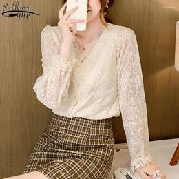 Women's Blouses Fashion V-Neck Lace Shirts Crochet Flower Elegant White Blouse Women 2023 Autumn Vintage Long Sleeve Button Top Blusas 11907