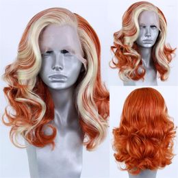 Orange Body Wave Synthetic Lace Front With Blonde Highlights Shoulder Length Frontal Hair Half Hand Tied