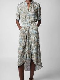 Casual Dresses Pleated Irregular Midi Dres Floral Skull Print Vintage Stand Collar Pockets and Button Short Puff Sleeve Female Robe 230424