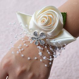 Decorative Flowers Boutonniere Wrist Corsage Wedding Bride Bridesmaids Hand Flower Artificial Pearl Silk Rose Bracelet Dancing Prom Party