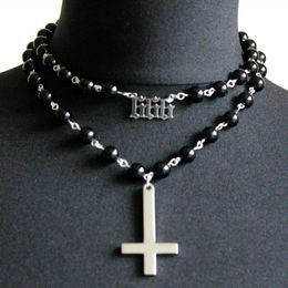 Pendant Necklaces Gothic Rosary Cross Charm Choker Fashion Inverted 666 Symbol Hip Hop Punk Jewellery Gift Black Bead Chain Necklace TrendPend