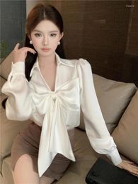 Women's Blouses Elegant Bowtie White Shirt For Women Autumn 2023 Chic Design Versatile Long Sleeve Tops OL Style Bottom Blouse Blusas Mujer