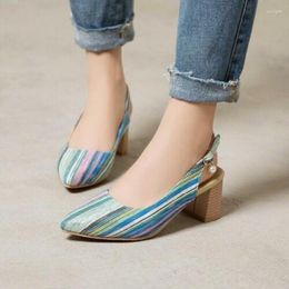 Dress Shoes Pointed Toe Slingbacks Womens Sandals Party Pumps Colourful Striped Thick Heels Hollow Back Shallow Out High