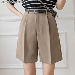 Women's Shorts Loose Khaki Wide Leg Summer Shorts Casual High Waist Casial Suit Fabric Knee Length Trousers Female Capris Bermuda 230425