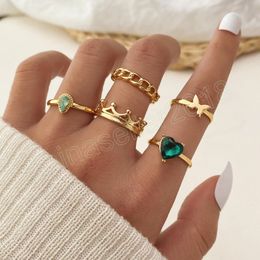 Fashion Crown Green Heart-shaped Crystal Chain Butterfly Rings for Women Cute Gold Colour Rings Set Trendy Jewellery Gifts