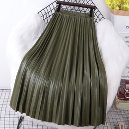 Etekler 2023 Moda Bahar Yaz Vintage PU Deri Uzun Pileli Etek Kadın Kore tarzı Yüksek Elastik Bel Bir Hat Maksi Kadın