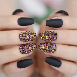 False Nails Medium Coffin Pure Black Color Gel Tips Decoration Hand Dummy Fake Stick On Rhinestone Nail IMABC