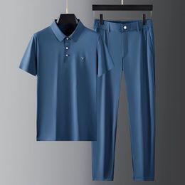 Men's Tracksuits T Shirt Pants Summer Business Short Sleeve Suit Comfortable Lapel Fast Drying Fashion Casual Twopiece Men Sweatsuits 230424