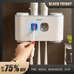 Toothbrush Holders Bathroom Accessories Set Automatic Wall Mount Toothpaste Squeezer Dispenser Holder With 4 Pieces Cup Wholesale 231124