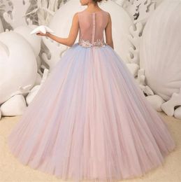 Girl Dresses Tulle Fluffy Applique Flower Dress For Wedding Floor Length Sleeveless Elegant Child First Eucharistic Birthday Party