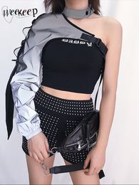 Women's Jackets Weeeep Street Apparel Reflective Jacket Women's Hanging Ring Buckle Patch Work Jacket Fashion Cut One Shoulder Jacket Korea y2k 230425