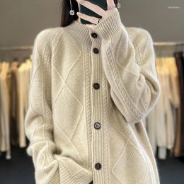 Women's Knits Tailor Sheep Wool Cardigan Sweater Long Sleeve Knitted Half High Collar 2023 Cashmere Sweat