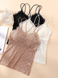 Women's Tanks Camis Backless Lace Tank Top Women See Through y2k Inner Matching Chest Padded Fashion Fairy Ladies Spaghetti Strap Vest 230425