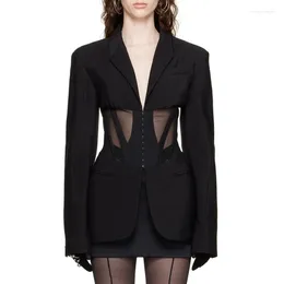 Women's Suits Women Coat Unique Black Long Casual Blazer With Waist Cut-out V-neck Design