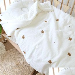 Blankets Swaddling Korean Cherry Bear Embroidered Baby Bedding Quilt Cotton Fleece Kids Infant Bed Quilts Blanket Cot Crib Comfort Pla Otad7