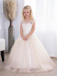 Girl Dresses Light Champagne Lace Applique Tulle Flower Girls Glitter Fashion Pageant Floor Communion For