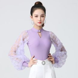 Stage Wear High Collar Modern Dance Shirt Black Lantern Sleeve Latin Tops National Standard Women Waltz Ballroom Bodysuit