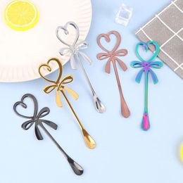 Spoons 1Pc Mini Bow Knot Heart Shaped Spoon Coffee Tea Dessert Stirring 304 Stainless Steel Hanging Table Decoration