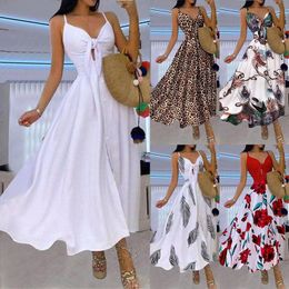 Women's Summer Maxi Dresses Floral Print Sleeveless Sling Casual Loose Long Split Dress
