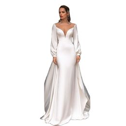 Graceful Satin Wedding Dresses 2023 Sheer Neck Puffy Long Sleeve Bead Bridal Gown Detachable Train Robe De Mariee