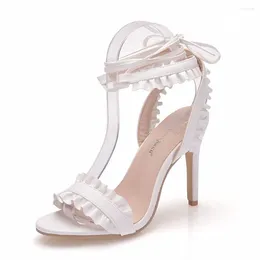 Dress Shoes 9cm White Lace-Up High-Heeled Sandals Ruffled Roman Stilettos