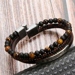 Charm Bracelets Fashion Stainless Steel Men Bracelet Magnetic Clasp Braided Mutilayer Leather Tiger Eye Stone Beads Bangles Man Jewellery