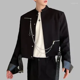 Men's Jackets 2023 Men Leather Patchwork Solid Stand Collar Streetwear Long Sleeve Metal Zipper Crop Coat Korean Personality Outerwear