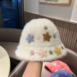 Berets Korean Fashion Cute Stars Women's Wool Bucket Hat Real Fur Winter Warm Fisherman Hats For Girl Outdoor Panama Fedora