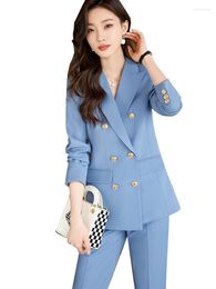Women's Two Piece Pants High Quality Office Ladies Pant Suit Blue Apricot Women Business Work Wear Blazer Jacket And Trouser Female Formal 2