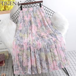 Skirts TIGENA Summer Chiffon Maxi Skirt Women Beautiful Floral Print Aesthetic A Line High Waist Pleated Long Skirt Female Lady 230425