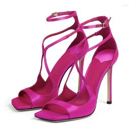 Sandals Women's Luxury Summer Pink Satin Open Toe Stiletto Concise High Heels Women Pumps Ankle Straps Designer Shoes