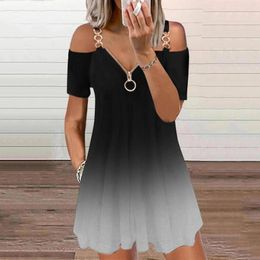 Party Dresses Women's Clothing Zipper Chain Dress Casual V-Neck Short Sleeve Strap Open Back Sexy Mini Summer Solid Elegant Robe