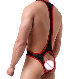 Men's Sexy Bodysuit Bulge Pouch U Convex Jumpsuit Backless Open Butt Suspender Undershirt Exotic Lingerie