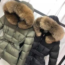 Down Real Raccoon Hair Collar Warm Parkas with Belt Lady Cotton Big Pocket