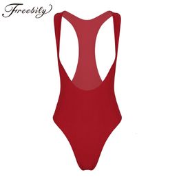 Womens Jumpsuits Rompers Women Bodystocking Sleeveless Open Chest High Cut Catsuit Solid Colour Leotard Bodysuit Thong Swimsuit Sexy Clubwear 230424