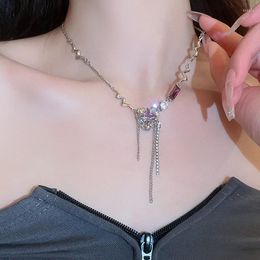 Pendant Necklaces Korea Trendy Purple Heart Crystal Choker For Women Long Tassel Zircon Wedding Statement Jewellery