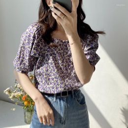 Women's Blouses 2023 Summer Square Neck Flower Print Short Sleeve Boho Shirt Tops For Women Blusas Roupa Feminina