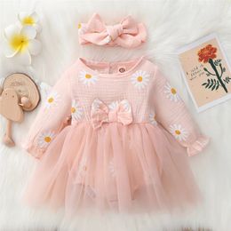 Girls Dresses born Baby Cute Daisy Floral Long Sleeves Tulle Patchwork Bodysuit Holiday Party Pink Princess Dress 231124