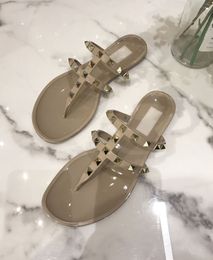 Classic Summer New Double Strap Rivet Flat Slippers Beach Non-Slip PVC Gel Shoes Vacation Flat Heel Women's Shoes