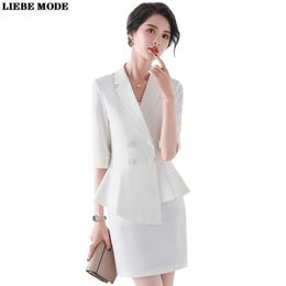 Two Piece Dress Summer Woman Half Sleeve Double Breasted Suit Jacket And Mini Skirt Office Lady Formal Irregular Blazer Set 2 Skirts Suits