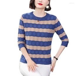 Women's Sweaters Summer Ice Silk Three Quarter Sleeves Sweater Women Jacket Stripe Loose Female Crew Neck Bottoming Shirt Hollow Out Top