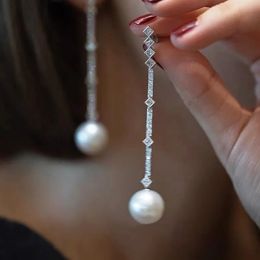 Stud Long Pearl Zircon Dangle Earring White Gold Filled Party Wedding Drop Earrings for Women Bridal Engagment Promise Jewellery 231124