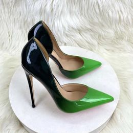 Dress Shoes Black Green White Gradient Color Women Pointy Toe Glossy Stiletto Pumps Sexy Ladies 12cm High Heel Party 10cm