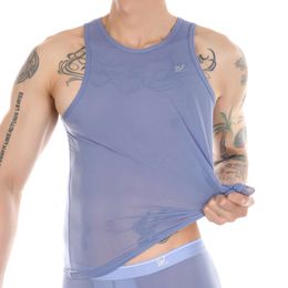 Men's Sexy Sleeveless Ice Silk Top Transparent Mesh Breathable Quick-drying Fiess Underwear Sports Room Muscle Vest Comfort