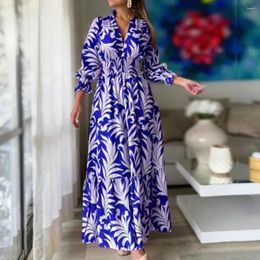 Casual Dresses Women Maxi Dress V-neck Long Sleeve Pleated Summer Leaves Print High Waist Ruffle Stitching Loose Hem