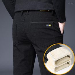 Men's Pants Plus Velvet Thick Warm Straight Slim Casual 2023 Winter Brand Men's Micro-elastic Fashion Trousers Black Grey Blue