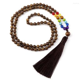 Pendant Necklaces 7 Chakras Reiki Long Necklace For Men Women Handmade Knotted Wooden Beads 108 Mala Rosary Tassel Prayer Buddha Jewelry