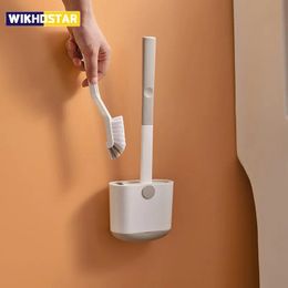 Toilet Brushes Holders WIKHOSTAR Toilet Brush Set Wall Mounted Toilet Brush With Drain Holder Silicone Flat Head Flexible Soft Bristles Cleaning Brush 231124