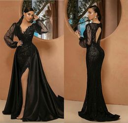 2023 árabe preto sereia vestidos de noite com trem destacável v pescoço renda lantejoulas vestido de baile mangas compridas feito sob encomenda luxo robe de soiree